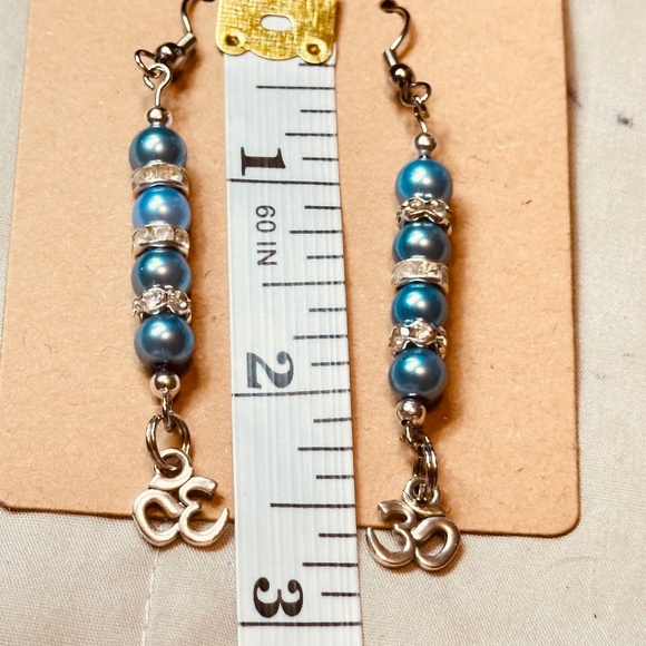 Silver Tone Dangle Earrings Blue Beads Crystal Rondelle’s w/Om Charms Hand Made - Picture 8 of 8